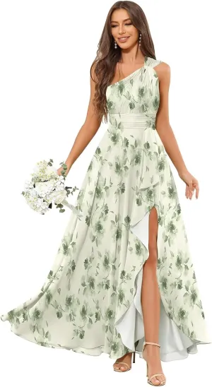 One Shoulder Bridesmaid Dresses for Women Ruffle Chiffon Evening Formal Gown with Slit