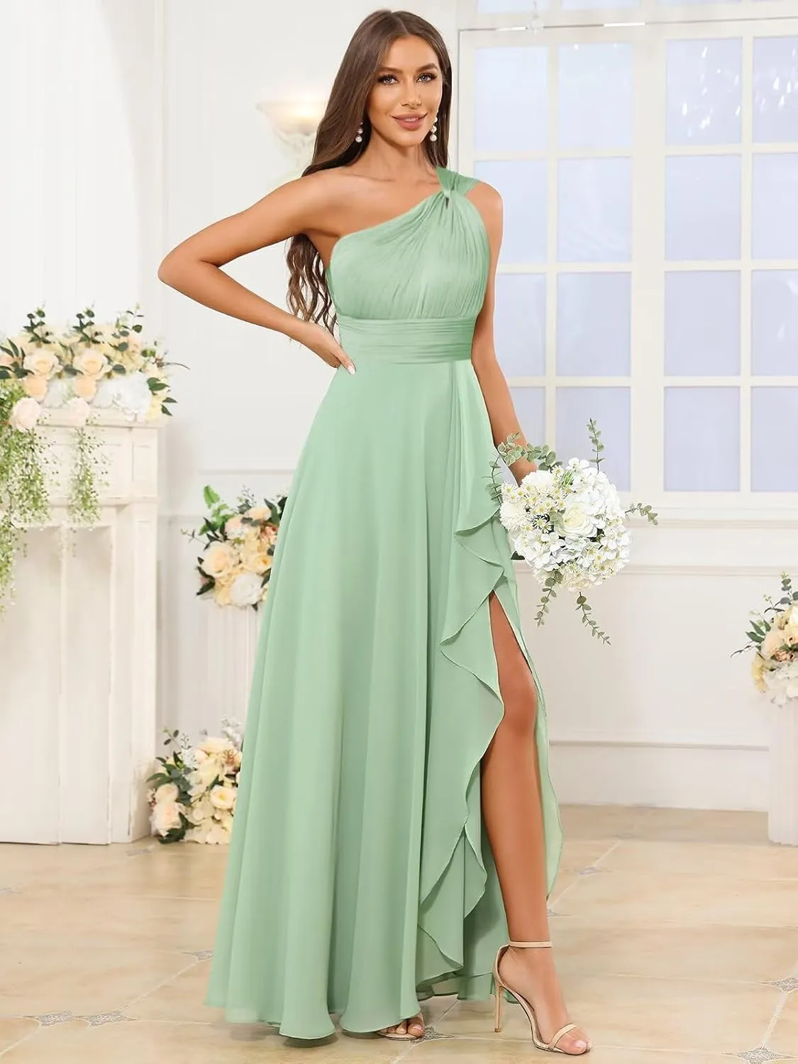 One Shoulder Bridesmaid Dresses for Women Ruffle Chiffon Evening Formal Gown with Slit