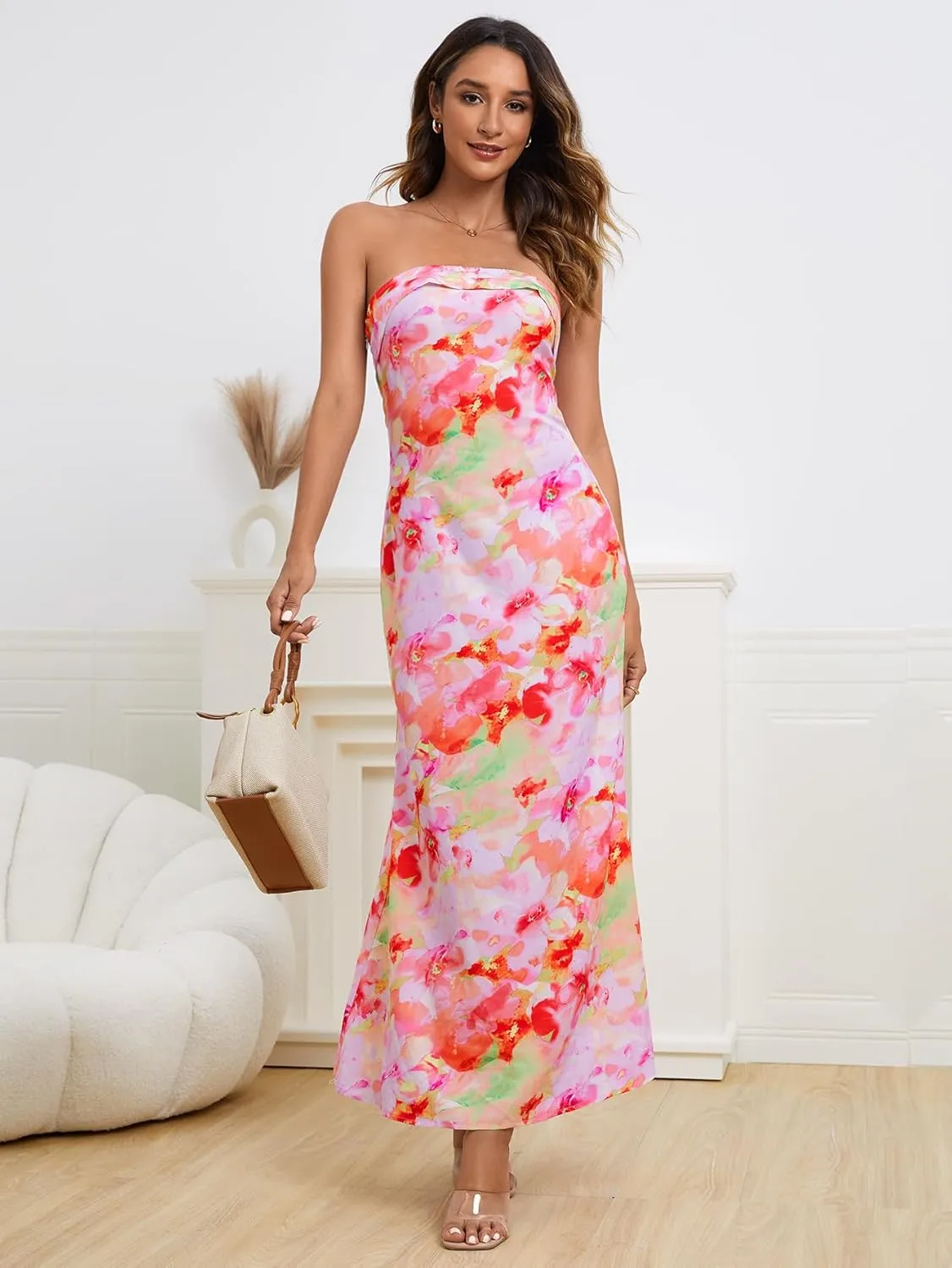 OYOANGLE Women's Floral Print Sleeveless Strapless Draped Backless Bodycon Summer Maxi Tube Dress
