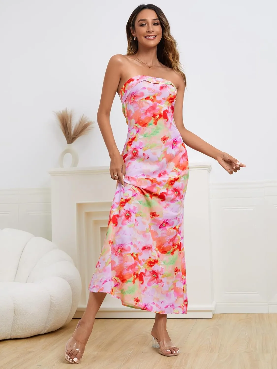 OYOANGLE Women's Floral Print Sleeveless Strapless Draped Backless Bodycon Summer Maxi Tube Dress