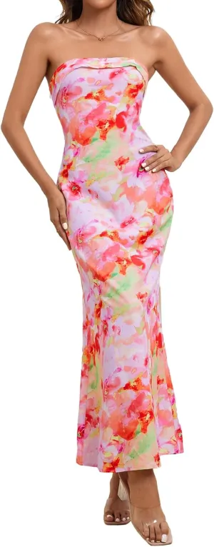 OYOANGLE Women's Floral Print Sleeveless Strapless Draped Backless Bodycon Summer Maxi Tube Dress