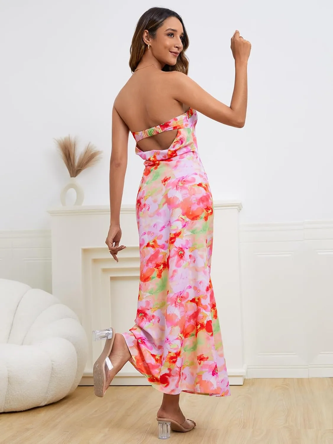 OYOANGLE Women's Floral Print Sleeveless Strapless Draped Backless Bodycon Summer Maxi Tube Dress