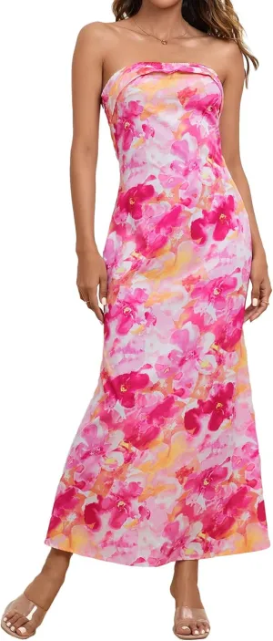 OYOANGLE Women's Floral Print Sleeveless Strapless Draped Backless Bodycon Summer Maxi Tube Dress