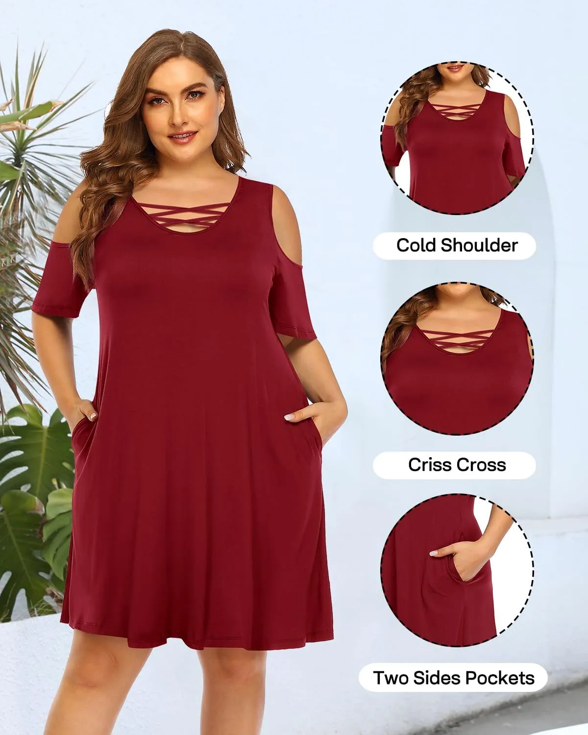 Pinup Fashion Women's Plus Size Sun Dress Cold Shoulder Casual T-Shirt Knee Length Sundresses with Pockets