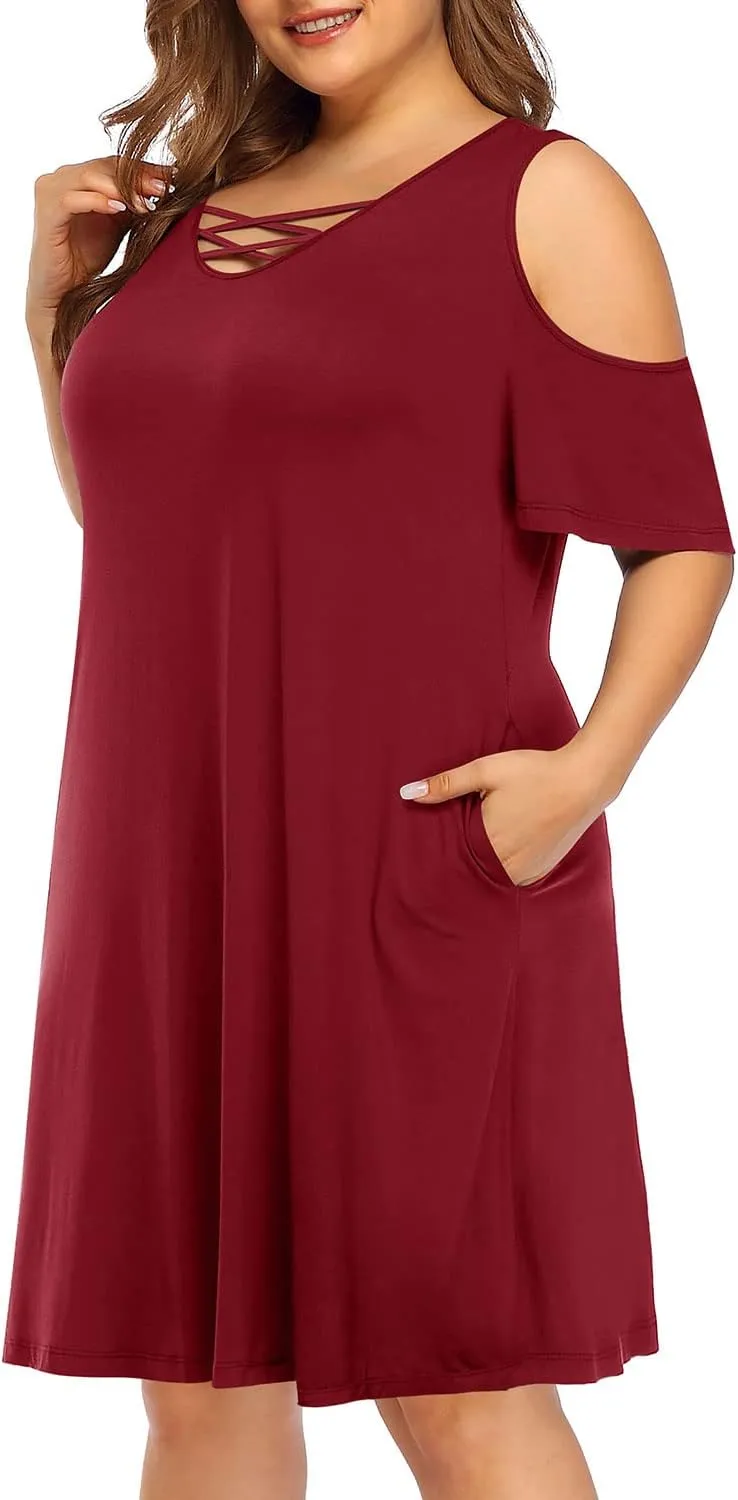 Pinup Fashion Women's Plus Size Sun Dress Cold Shoulder Casual T-Shirt Knee Length Sundresses with Pockets