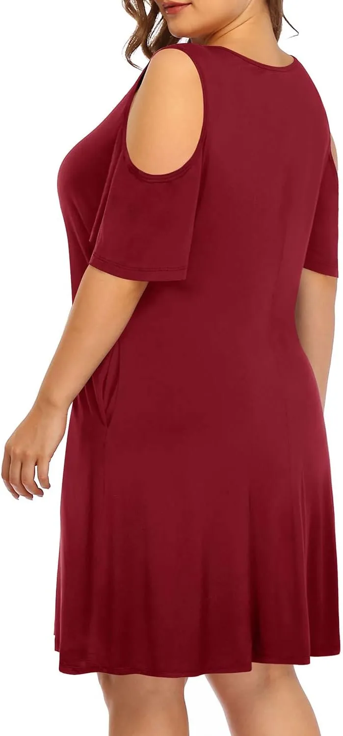 Pinup Fashion Women's Plus Size Sun Dress Cold Shoulder Casual T-Shirt Knee Length Sundresses with Pockets
