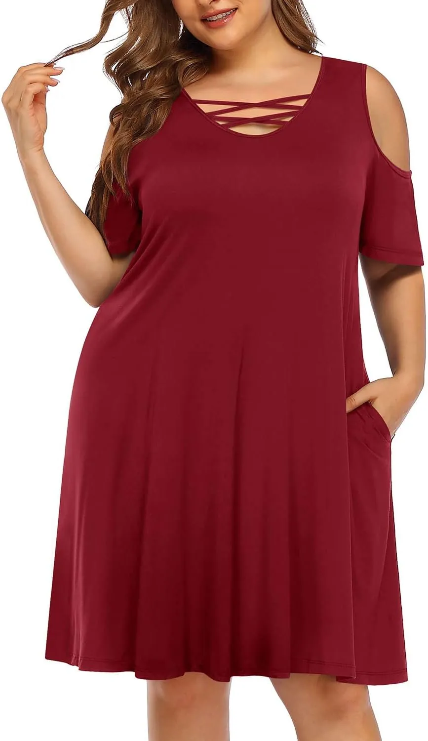 Pinup Fashion Women's Plus Size Sun Dress Cold Shoulder Casual T-Shirt Knee Length Sundresses with Pockets