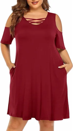Pinup Fashion Women's Plus Size Sun Dress Cold Shoulder Casual T-Shirt Knee Length Sundresses with Pockets