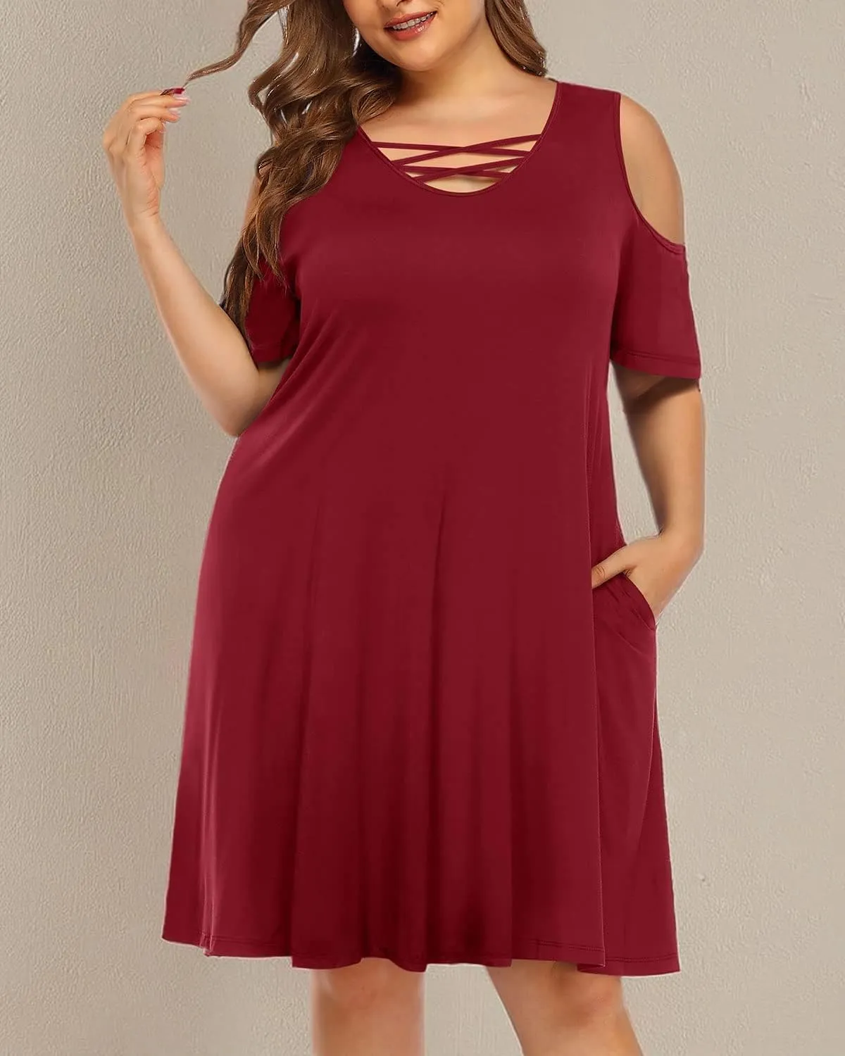Pinup Fashion Women's Plus Size Sun Dress Cold Shoulder Casual T-Shirt Knee Length Sundresses with Pockets