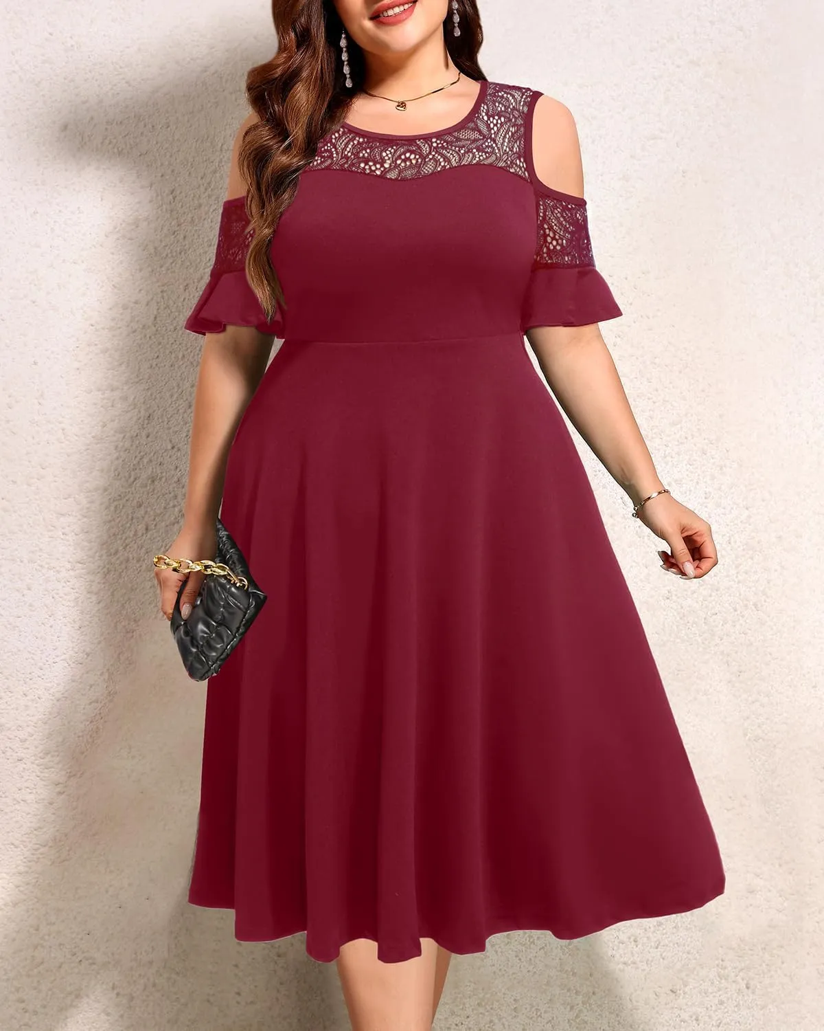 Plus Size Cocktail Dress - Graduation Cold Shoulder Lace Midi Dresses with Pockets