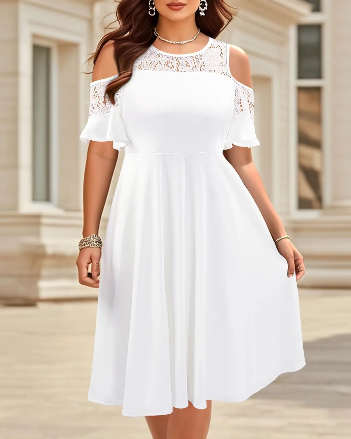Plus Size Cocktail Dress - Graduation Cold Shoulder Lace Midi Dresses with Pockets