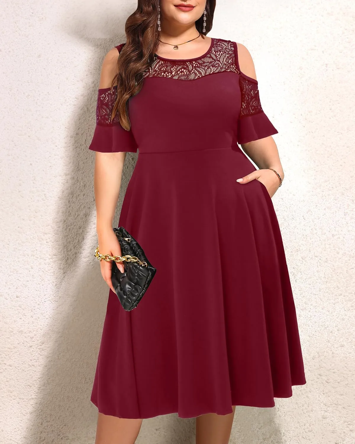 Plus Size Cocktail Dress - Graduation Cold Shoulder Lace Midi Dresses with Pockets