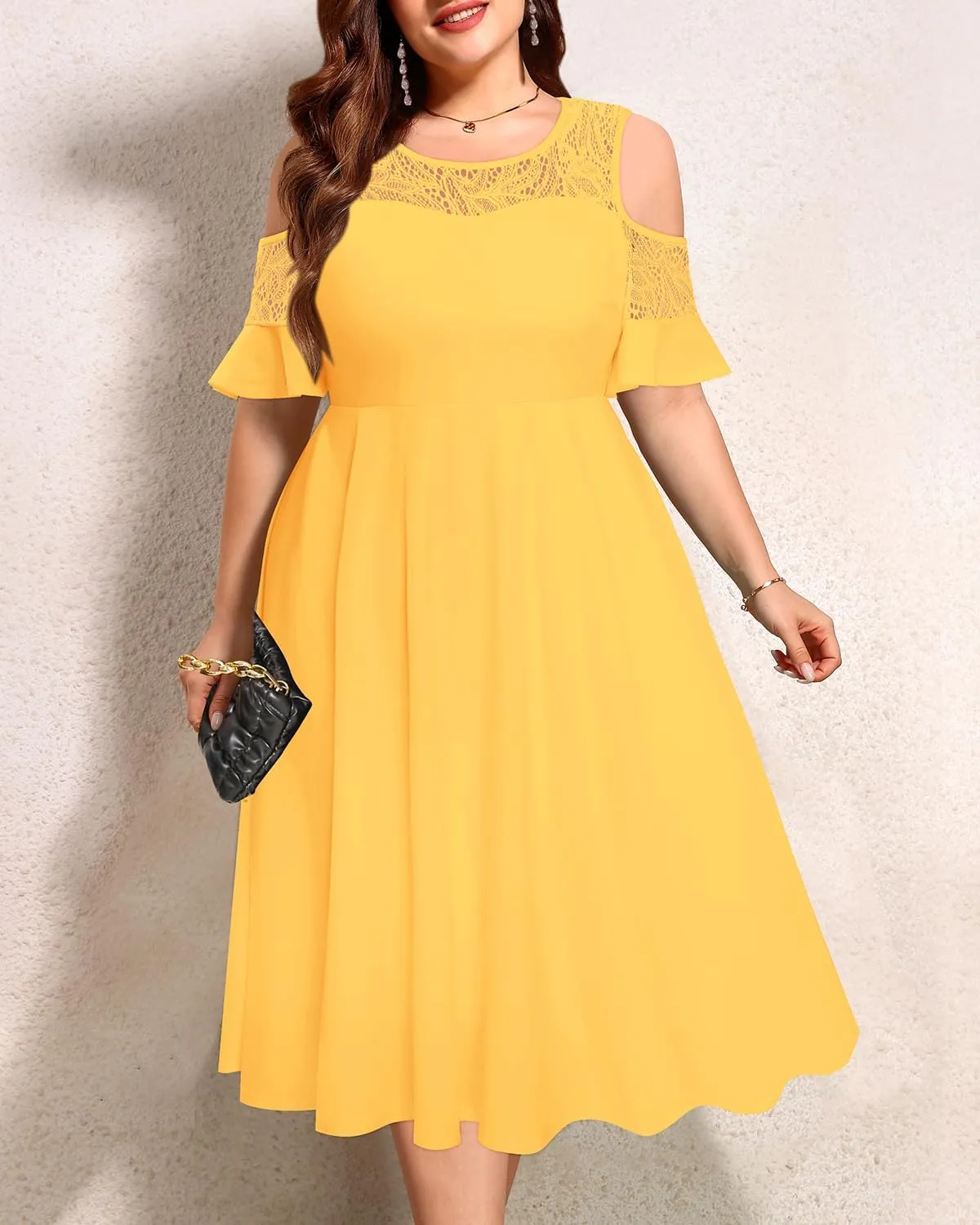 Plus Size Cocktail Dress - Graduation Cold Shoulder Lace Midi Dresses with Pockets