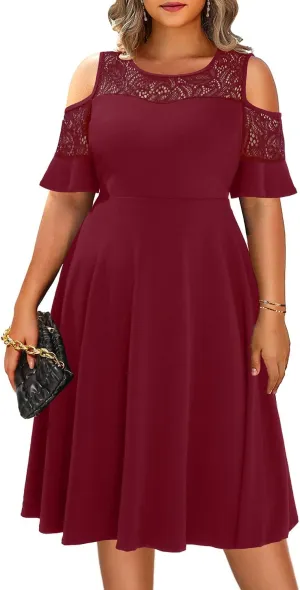 Plus Size Cocktail Dress - Graduation Cold Shoulder Lace Midi Dresses with Pockets