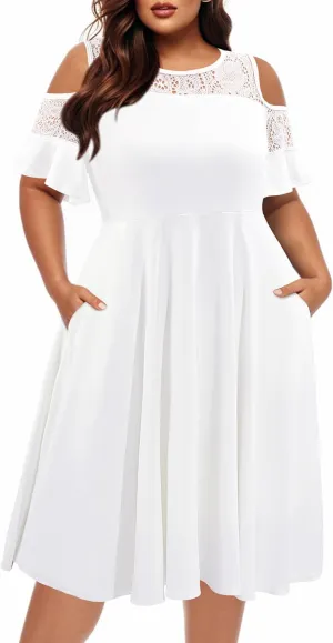 Plus Size Cocktail Dress - Graduation Cold Shoulder Lace Midi Dresses with Pockets