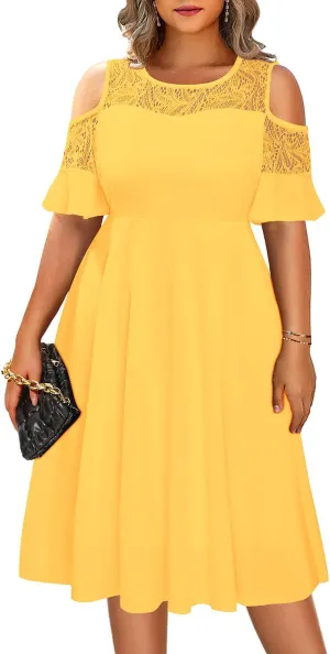 Plus Size Cocktail Dress - Graduation Cold Shoulder Lace Midi Dresses with Pockets