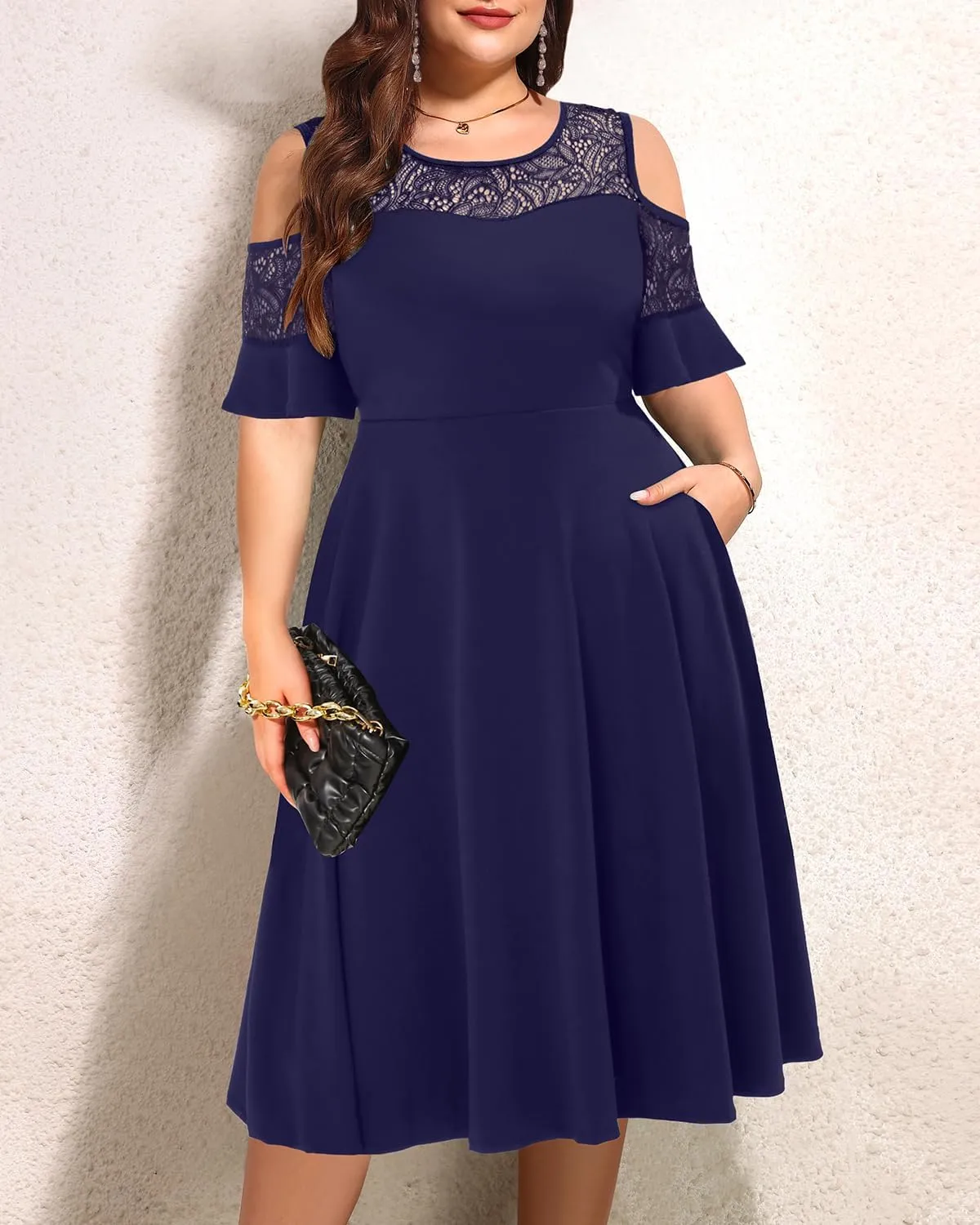 Plus Size Cocktail Dress - Graduation Cold Shoulder Lace Midi Dresses with Pockets