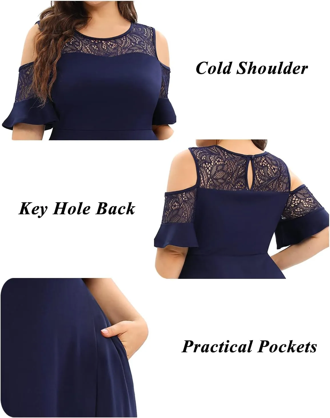 Plus Size Cocktail Dress - Graduation Cold Shoulder Lace Midi Dresses with Pockets