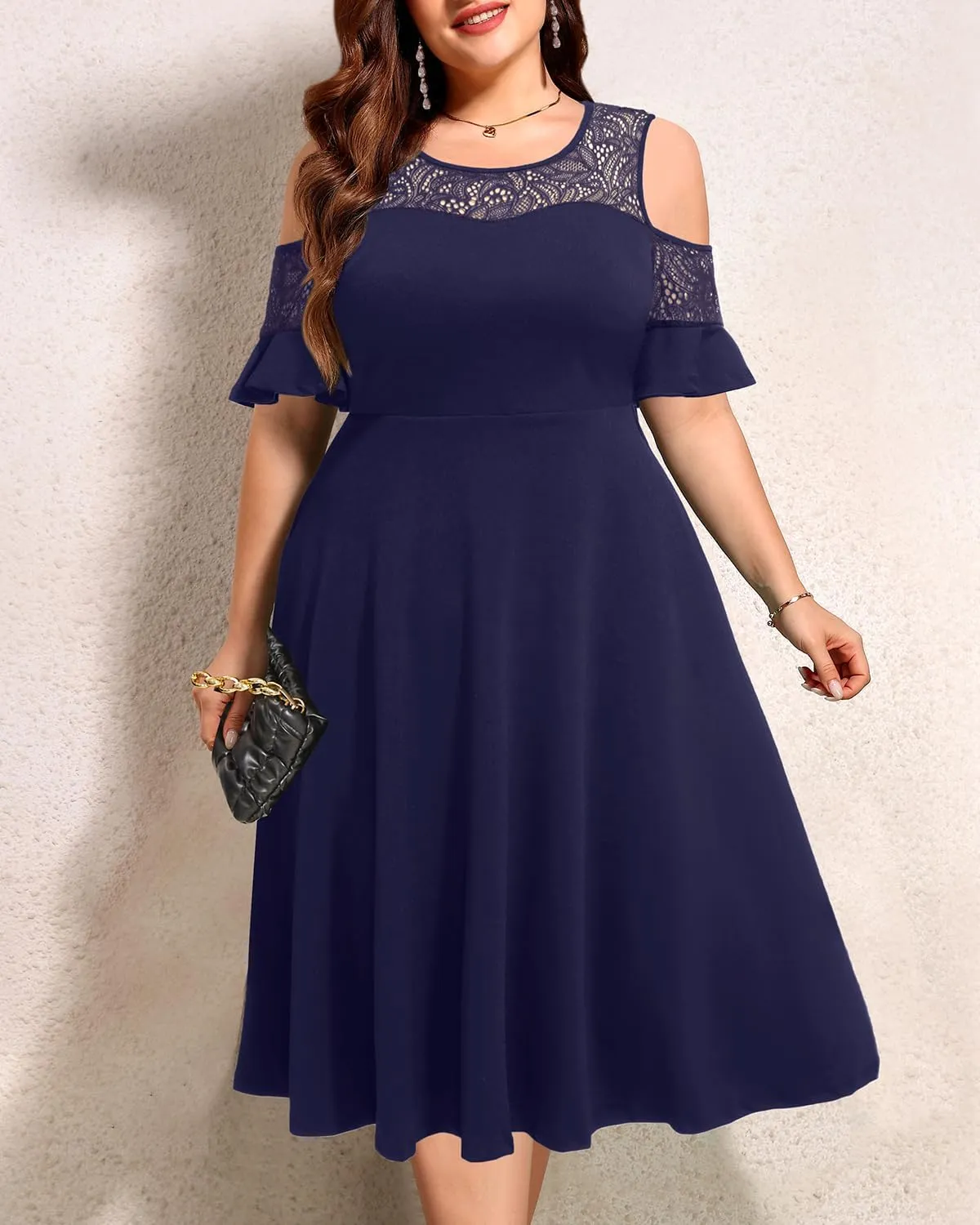Plus Size Cocktail Dress - Graduation Cold Shoulder Lace Midi Dresses with Pockets