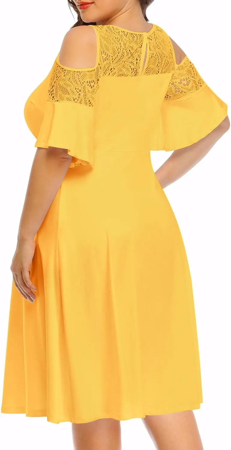Plus Size Cocktail Dress - Graduation Cold Shoulder Lace Midi Dresses with Pockets