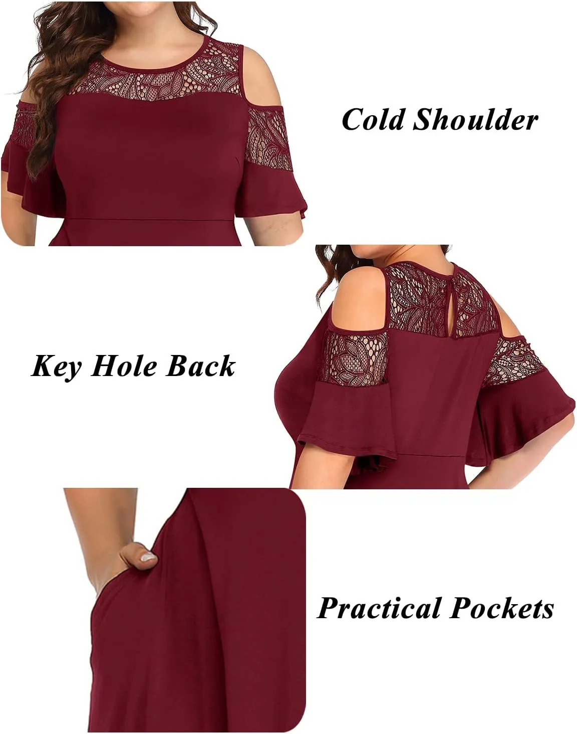 Plus Size Cocktail Dress - Graduation Cold Shoulder Lace Midi Dresses with Pockets