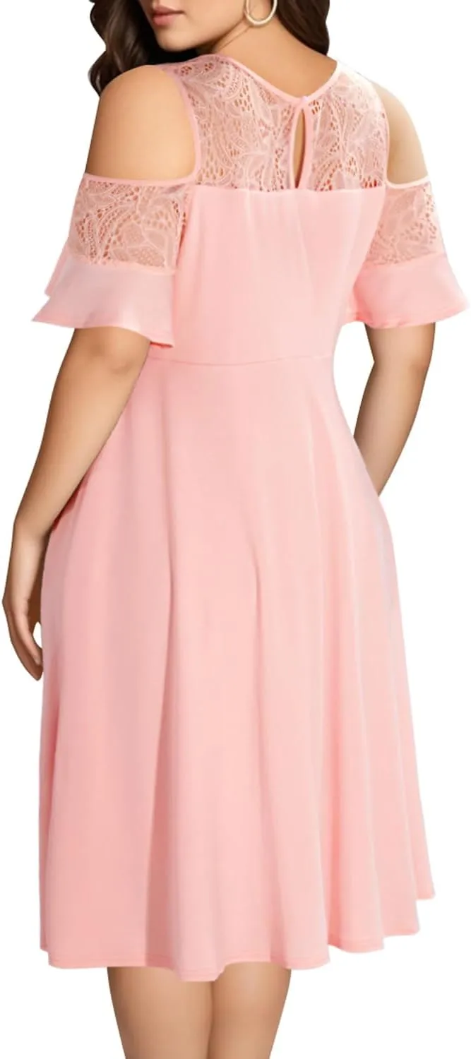 Plus Size Cocktail Dress - Graduation Cold Shoulder Lace Midi Dresses with Pockets