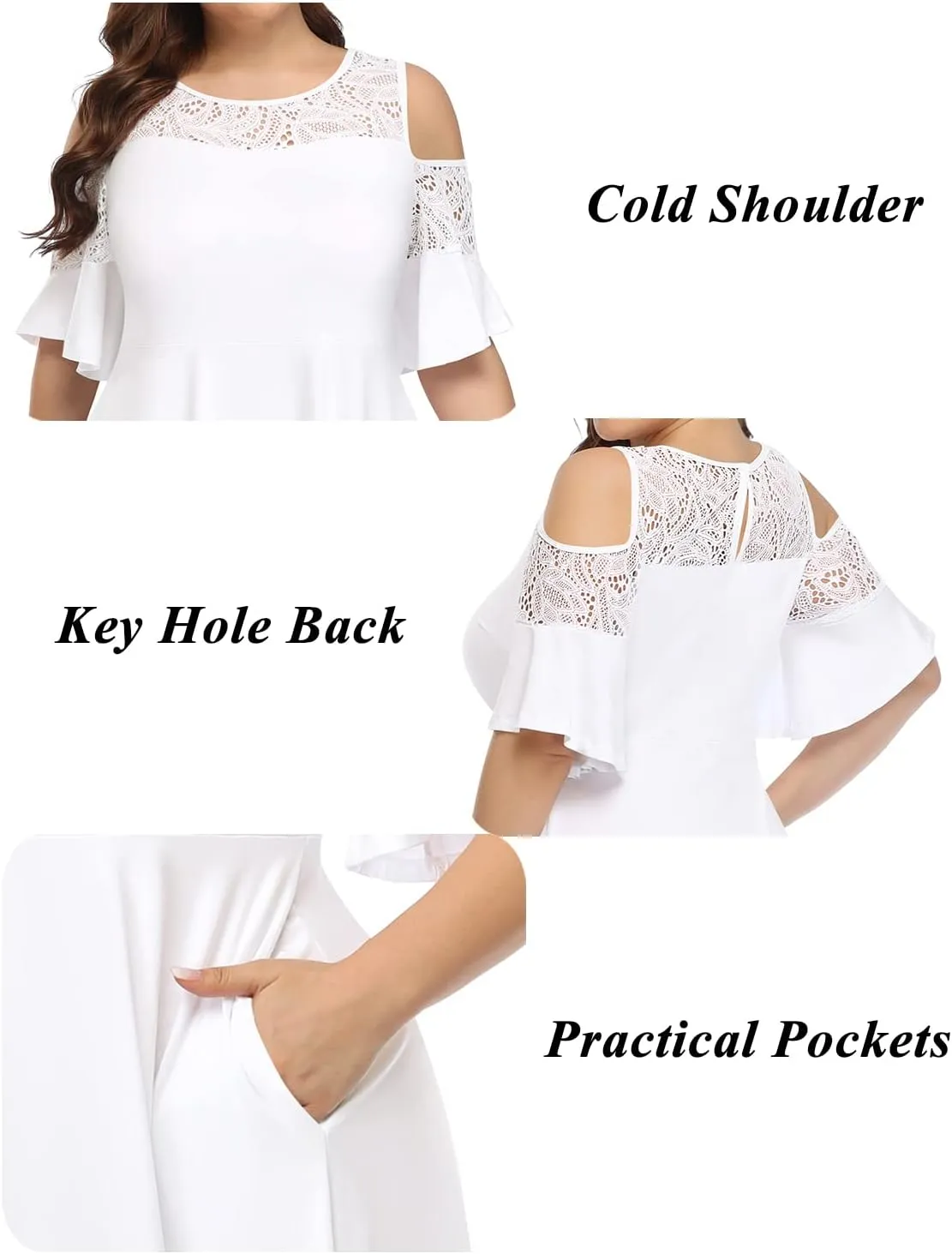 Plus Size Cocktail Dress - Graduation Cold Shoulder Lace Midi Dresses with Pockets