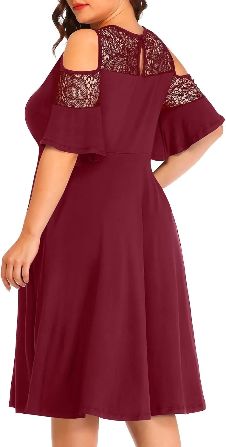 Plus Size Cocktail Dress - Graduation Cold Shoulder Lace Midi Dresses with Pockets