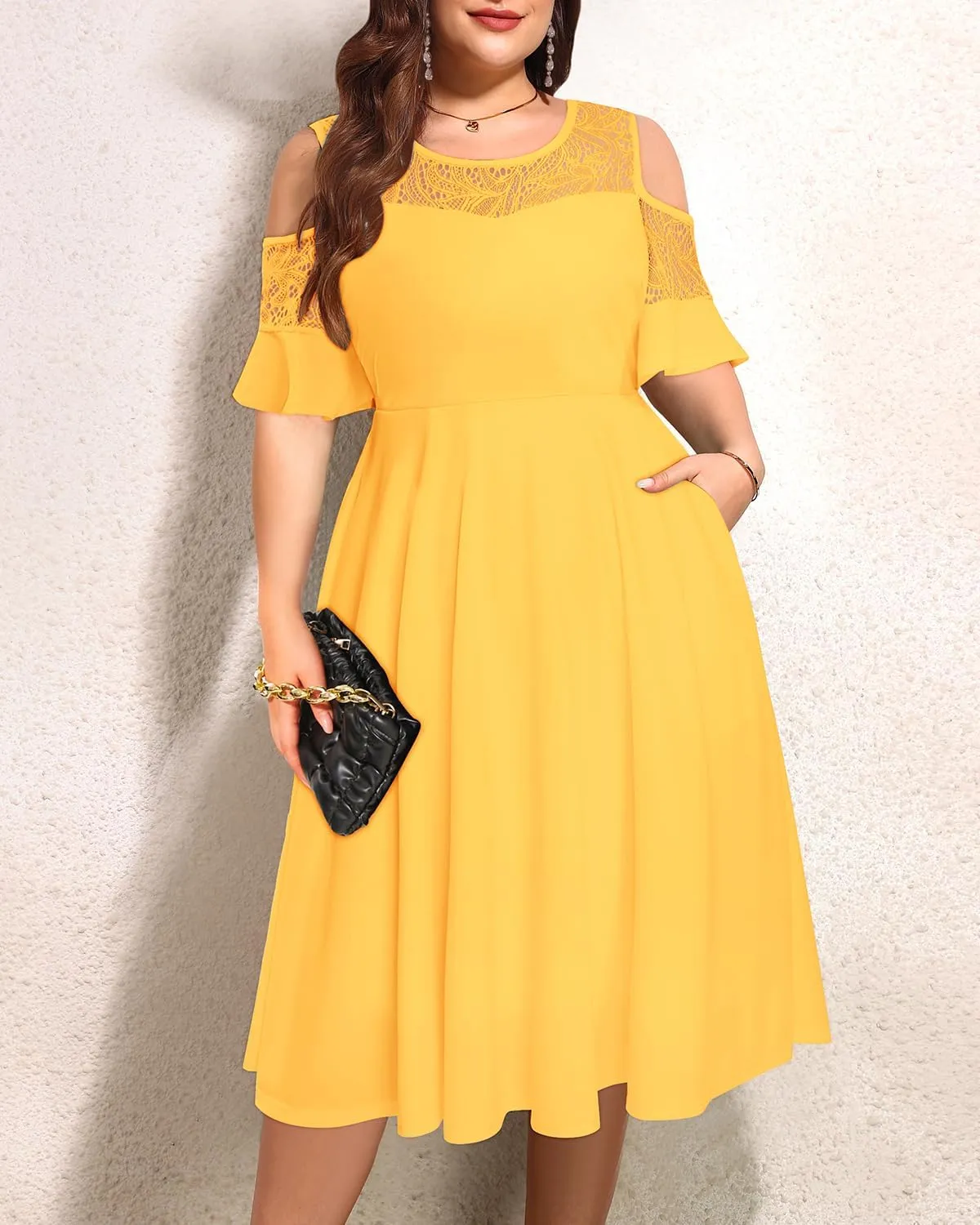 Plus Size Cocktail Dress - Graduation Cold Shoulder Lace Midi Dresses with Pockets