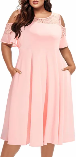Plus Size Cocktail Dress - Graduation Cold Shoulder Lace Midi Dresses with Pockets