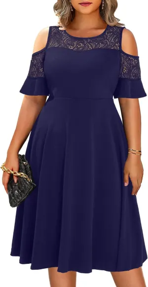 Plus Size Cocktail Dress - Graduation Cold Shoulder Lace Midi Dresses with Pockets