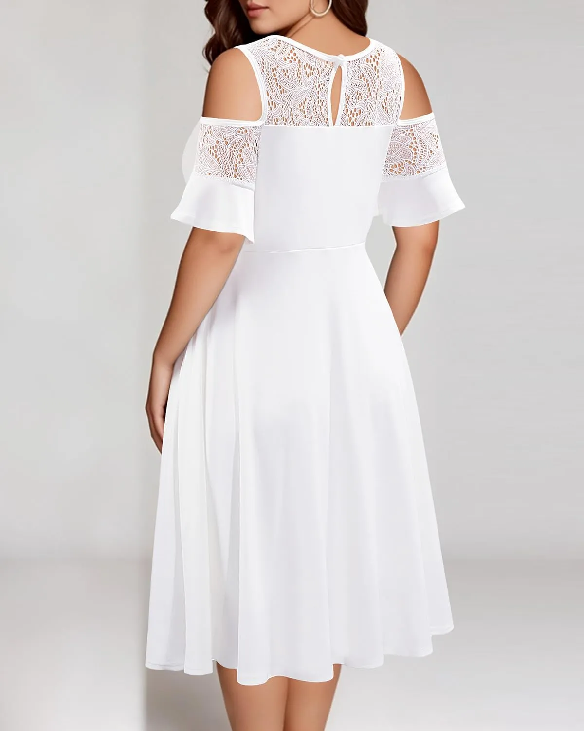 Plus Size Cocktail Dress - Graduation Cold Shoulder Lace Midi Dresses with Pockets