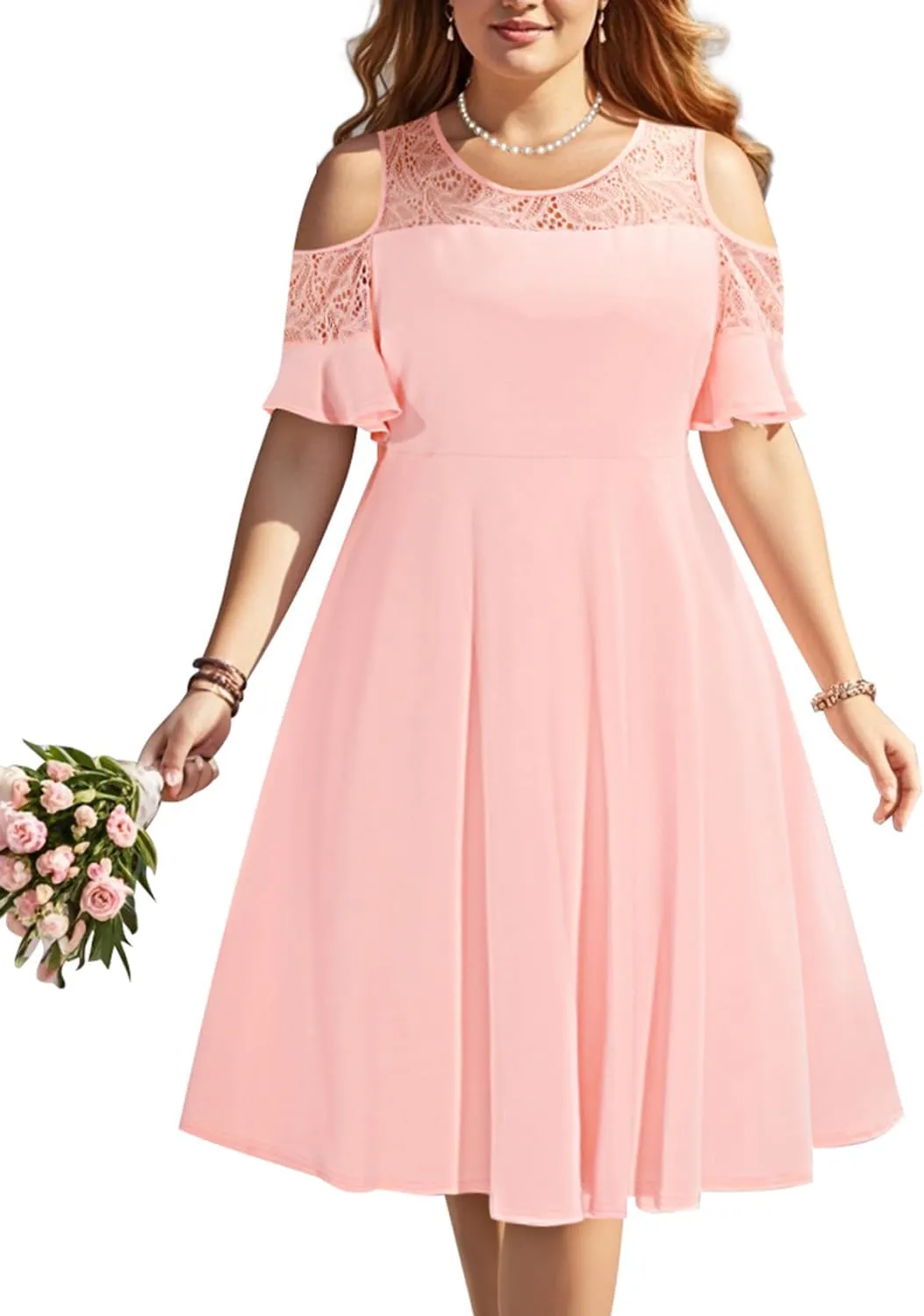 Plus Size Cocktail Dress - Graduation Cold Shoulder Lace Midi Dresses with Pockets