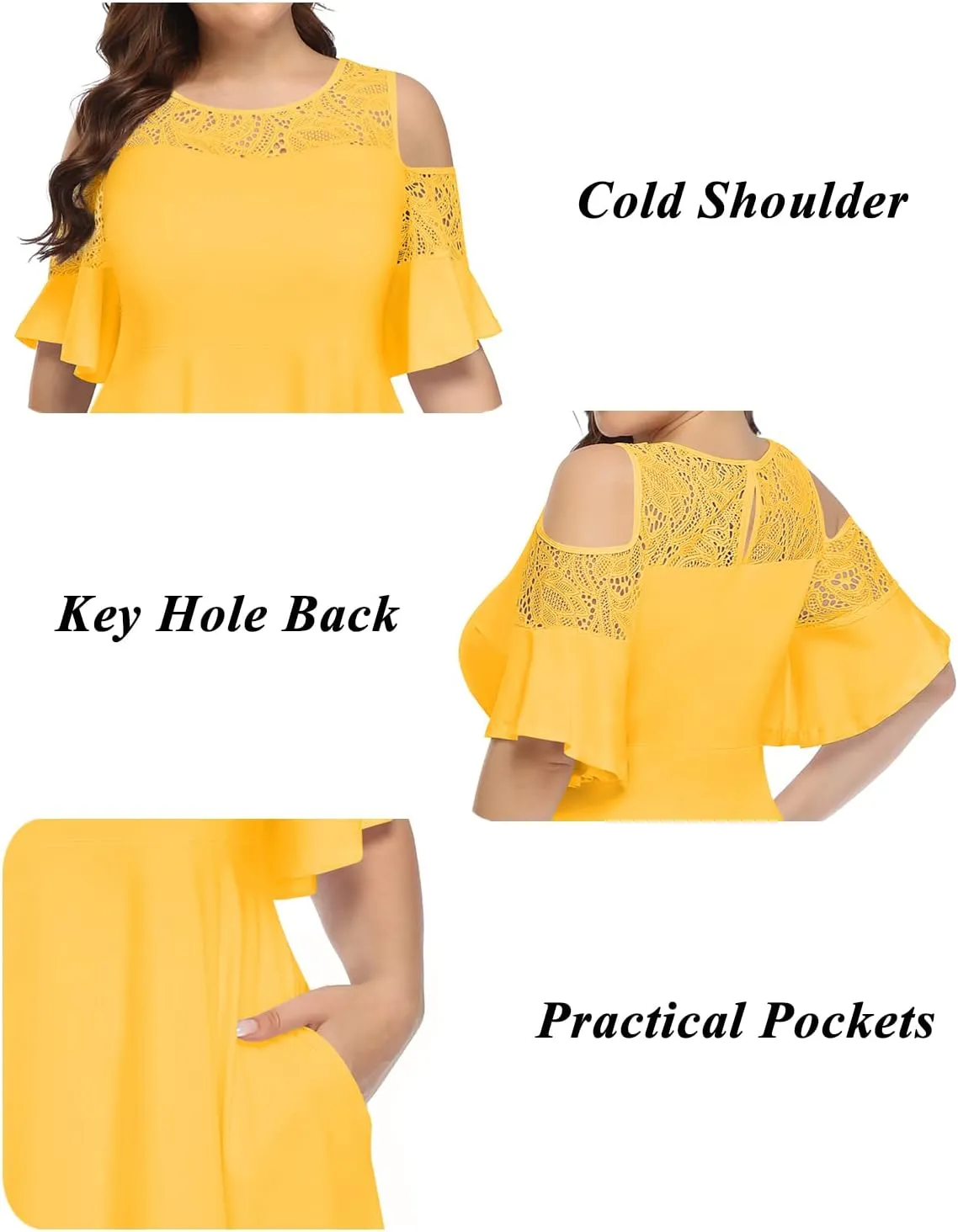 Plus Size Cocktail Dress - Graduation Cold Shoulder Lace Midi Dresses with Pockets