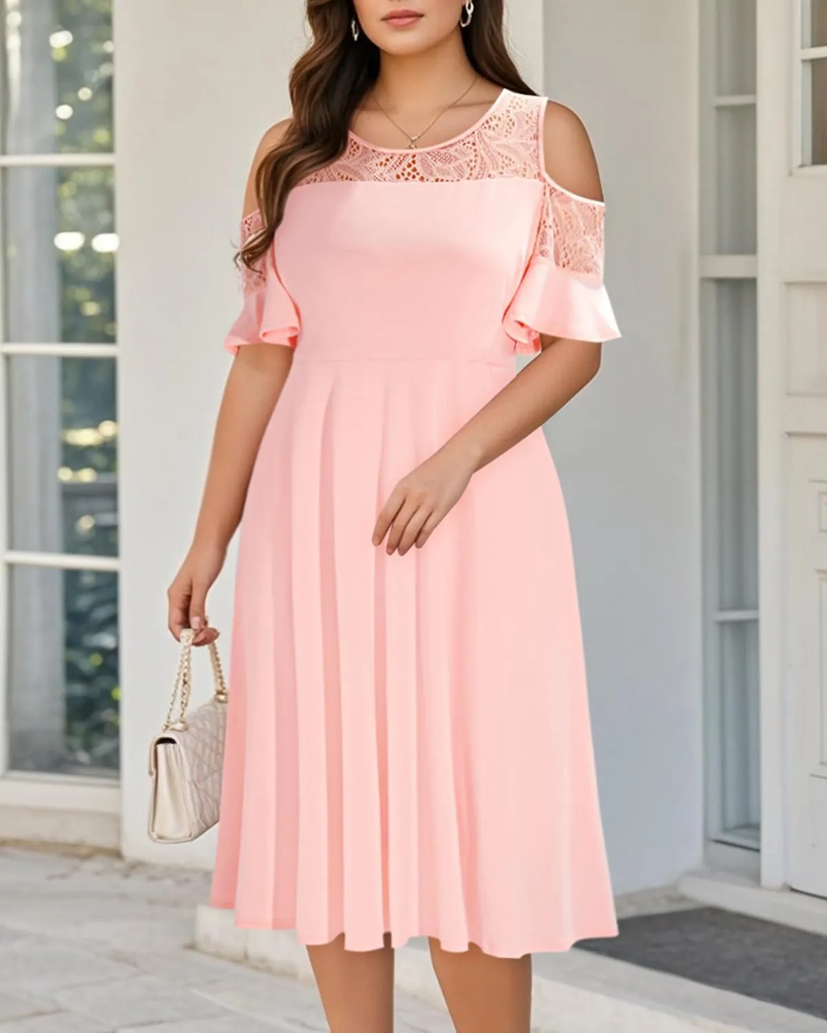 Plus Size Cocktail Dress - Graduation Cold Shoulder Lace Midi Dresses with Pockets