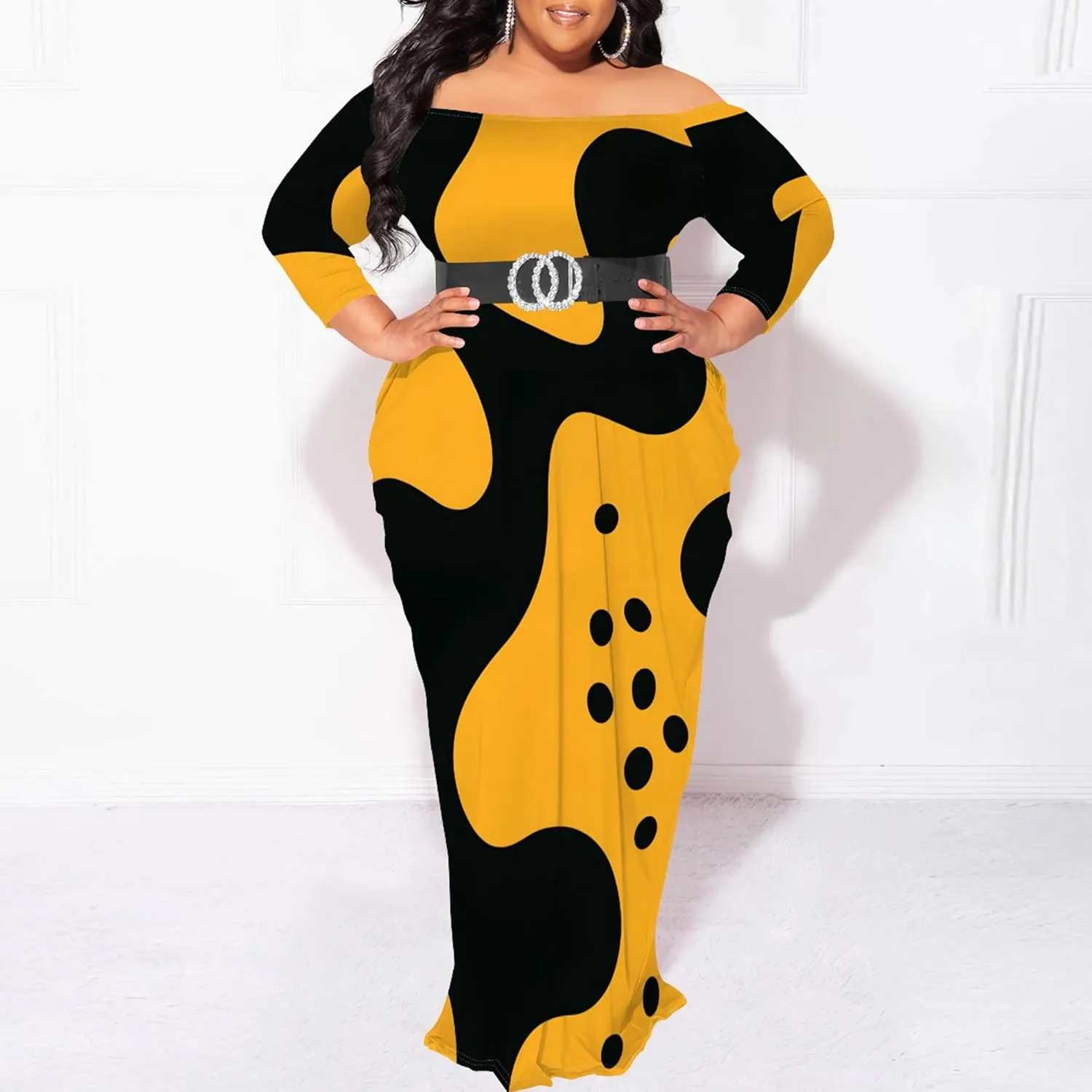 Plus Size Dresses for Curvy Women Sexy Off Shoulder Fall Dress Colorful Stripe Print Club Party Cocktail Fishtail Maxi Dress