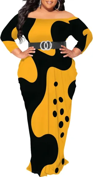 Plus Size Dresses for Curvy Women Sexy Off Shoulder Fall Dress Colorful Stripe Print Club Party Cocktail Fishtail Maxi Dress