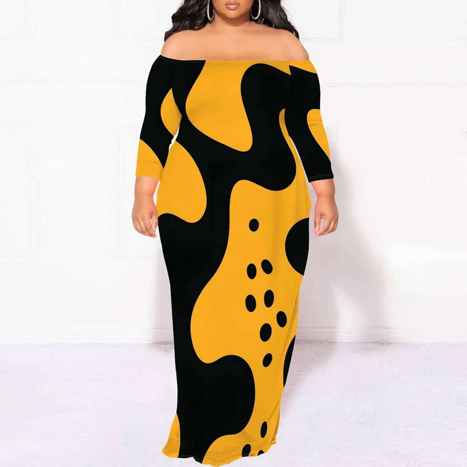 Plus Size Dresses for Curvy Women Sexy Off Shoulder Fall Dress Colorful Stripe Print Club Party Cocktail Fishtail Maxi Dress