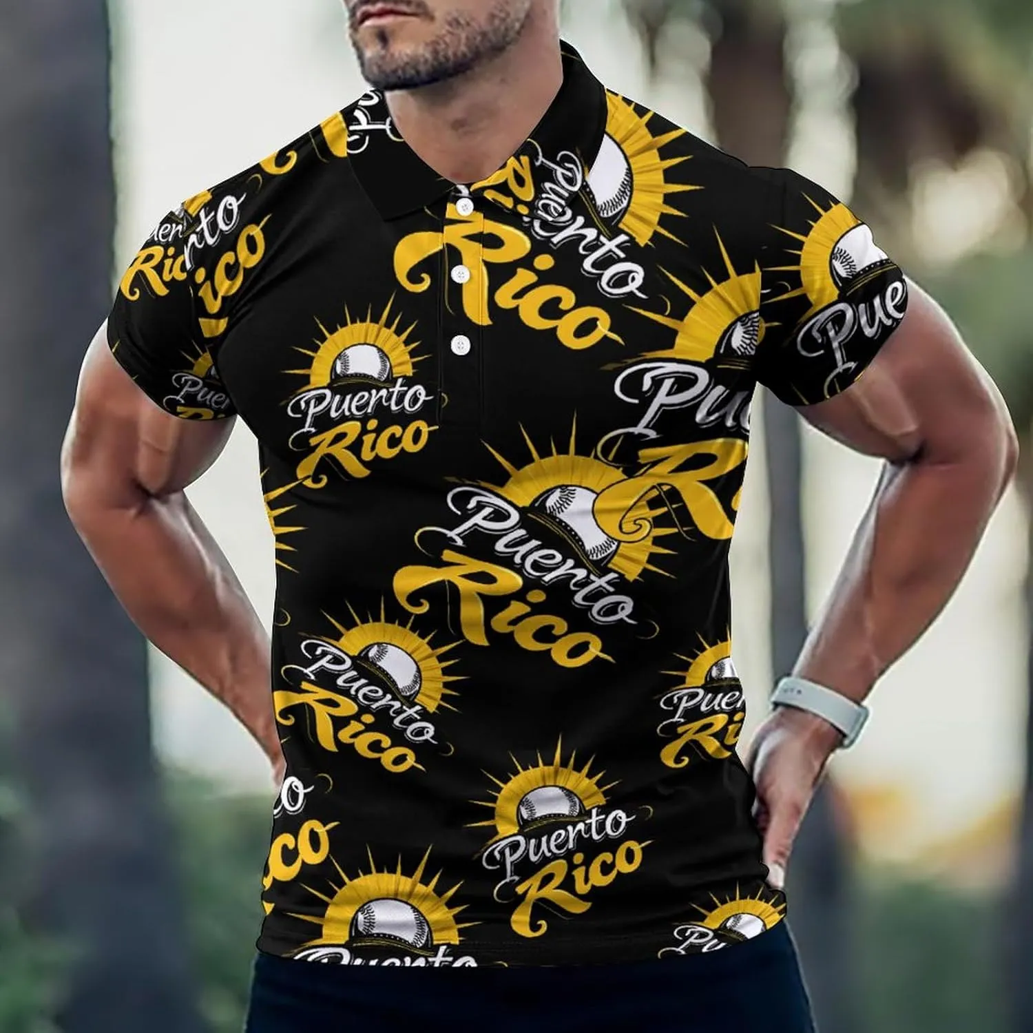 PR State Baseball Sunrise Mens Polo Shirts Quick Dry Short Sleeve T-shirts Slim Tennis Collared Tees Tops