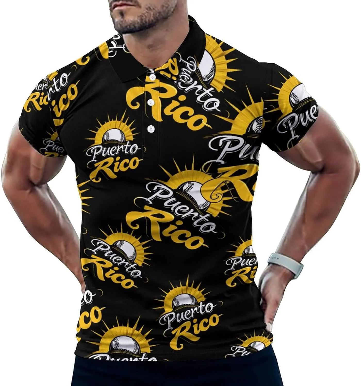PR State Baseball Sunrise Mens Polo Shirts Quick Dry Short Sleeve T-shirts Slim Tennis Collared Tees Tops