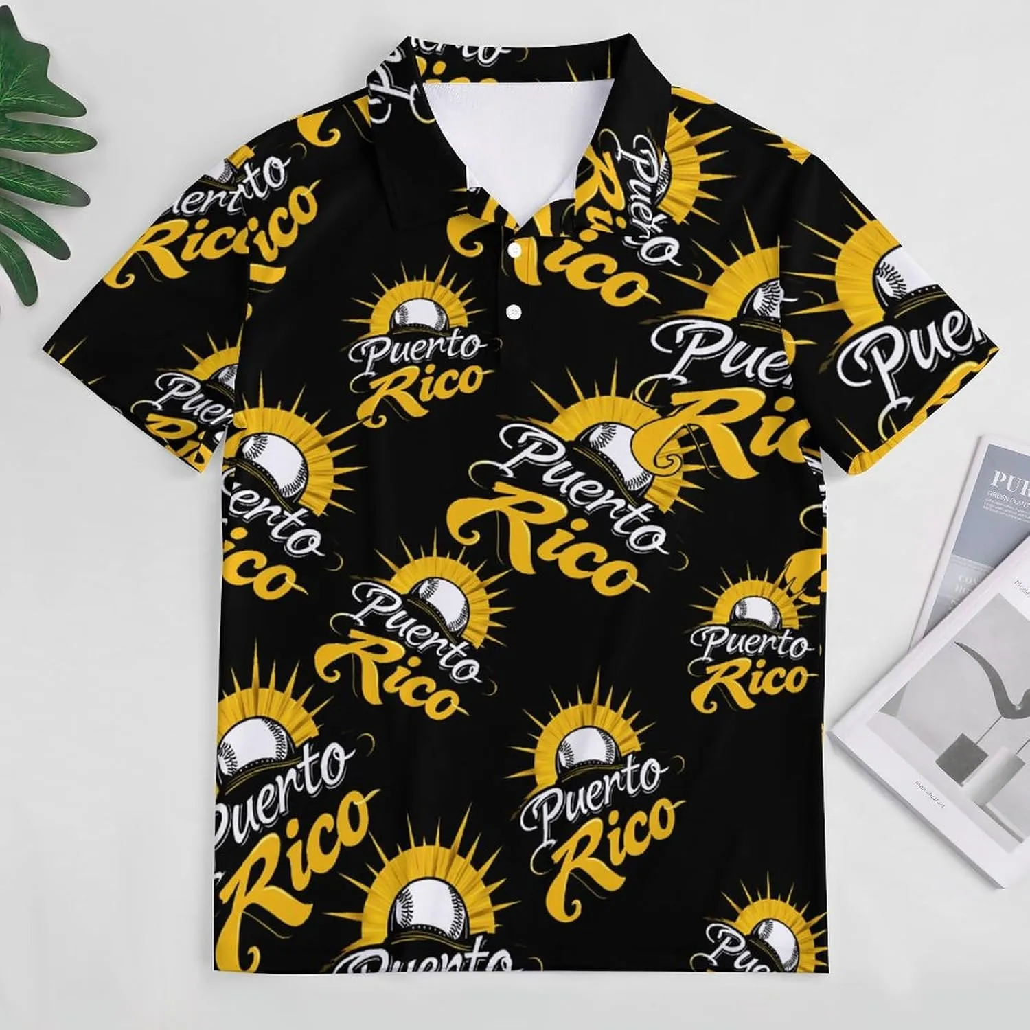 PR State Baseball Sunrise Mens Polo Shirts Quick Dry Short Sleeve T-shirts Slim Tennis Collared Tees Tops