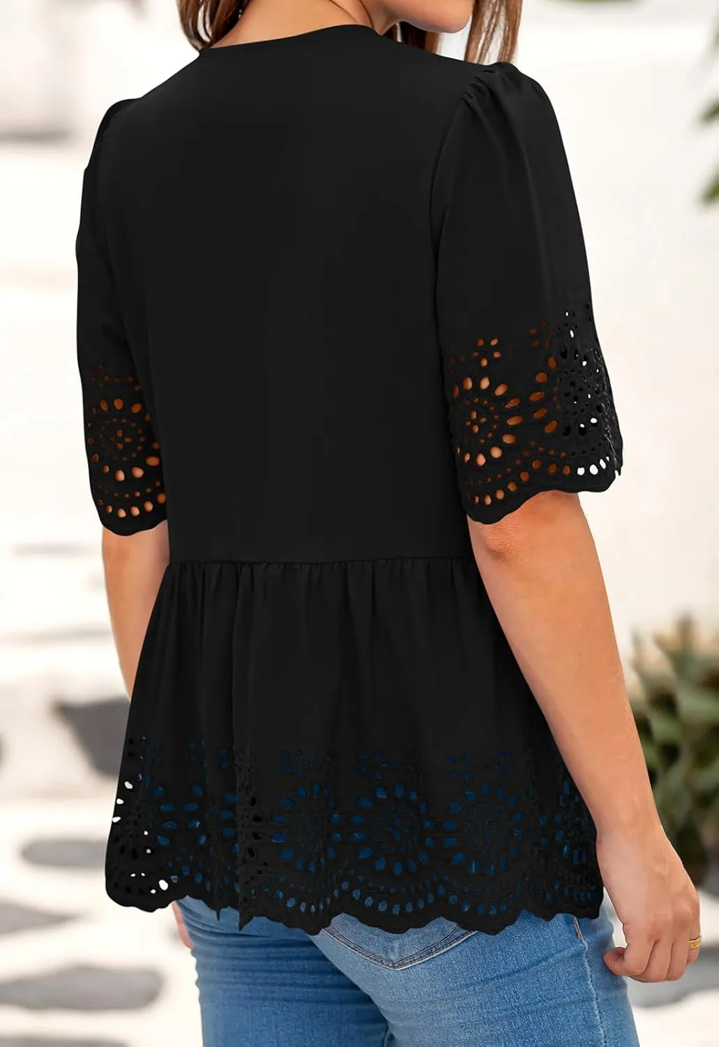 PRETTYGARDEN Tie Front Peplum Tops for Women Summer Y2K Short Sleeve Babydoll Cute Going Out Top Eyelet Blouse Shirt