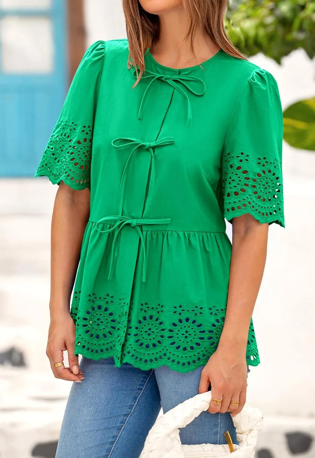 PRETTYGARDEN Tie Front Peplum Tops for Women Summer Y2K Short Sleeve Babydoll Cute Going Out Top Eyelet Blouse Shirt