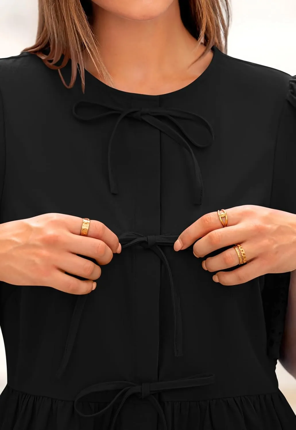 PRETTYGARDEN Tie Front Peplum Tops for Women Summer Y2K Short Sleeve Babydoll Cute Going Out Top Eyelet Blouse Shirt