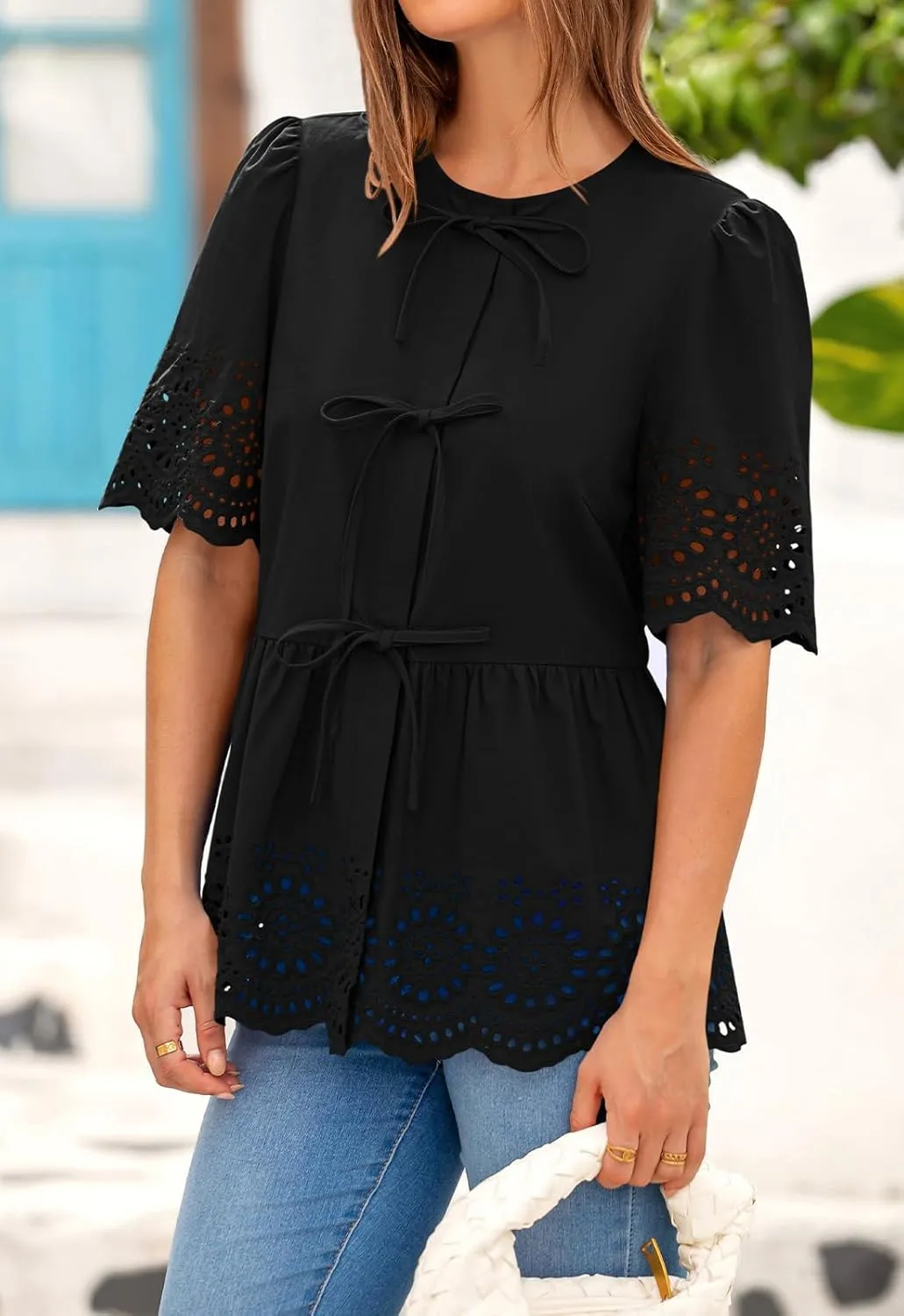 PRETTYGARDEN Tie Front Peplum Tops for Women Summer Y2K Short Sleeve Babydoll Cute Going Out Top Eyelet Blouse Shirt