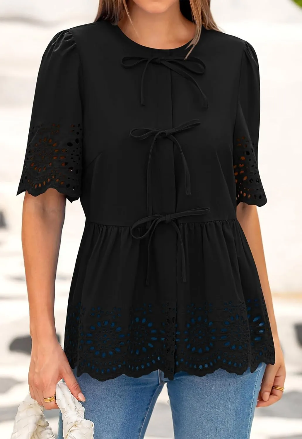 PRETTYGARDEN Tie Front Peplum Tops for Women Summer Y2K Short Sleeve Babydoll Cute Going Out Top Eyelet Blouse Shirt