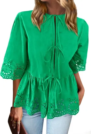 PRETTYGARDEN Tie Front Peplum Tops for Women Summer Y2K Short Sleeve Babydoll Cute Going Out Top Eyelet Blouse Shirt