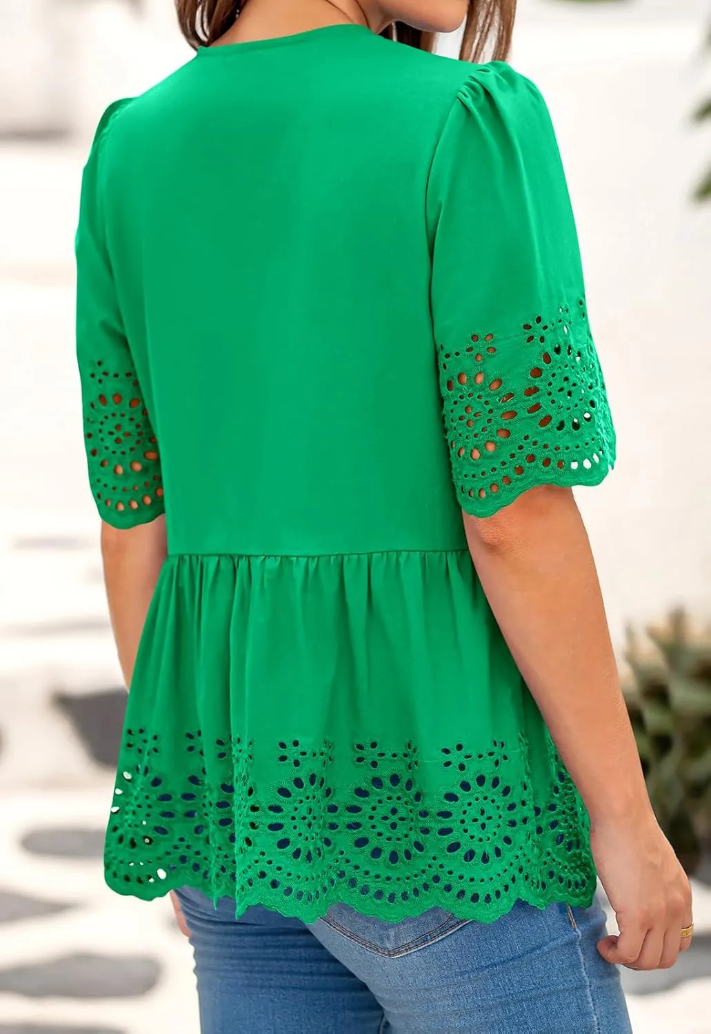 PRETTYGARDEN Tie Front Peplum Tops for Women Summer Y2K Short Sleeve Babydoll Cute Going Out Top Eyelet Blouse Shirt