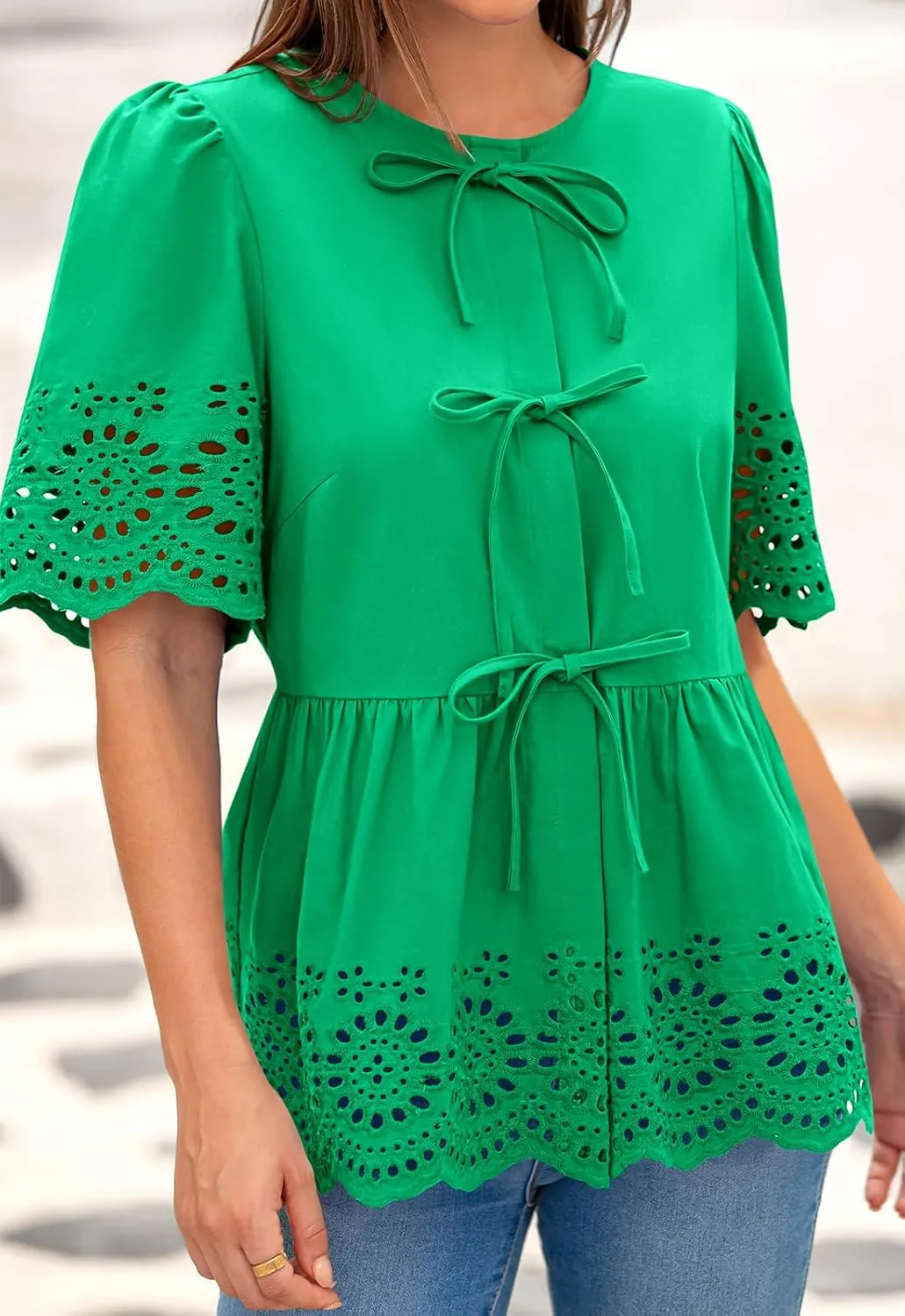 PRETTYGARDEN Tie Front Peplum Tops for Women Summer Y2K Short Sleeve Babydoll Cute Going Out Top Eyelet Blouse Shirt