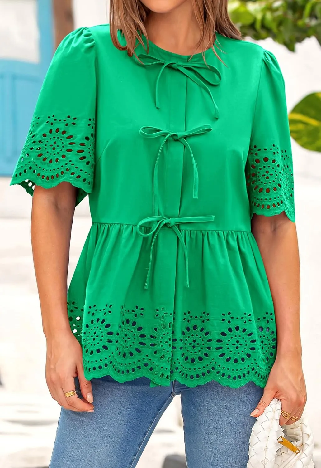 PRETTYGARDEN Tie Front Peplum Tops for Women Summer Y2K Short Sleeve Babydoll Cute Going Out Top Eyelet Blouse Shirt